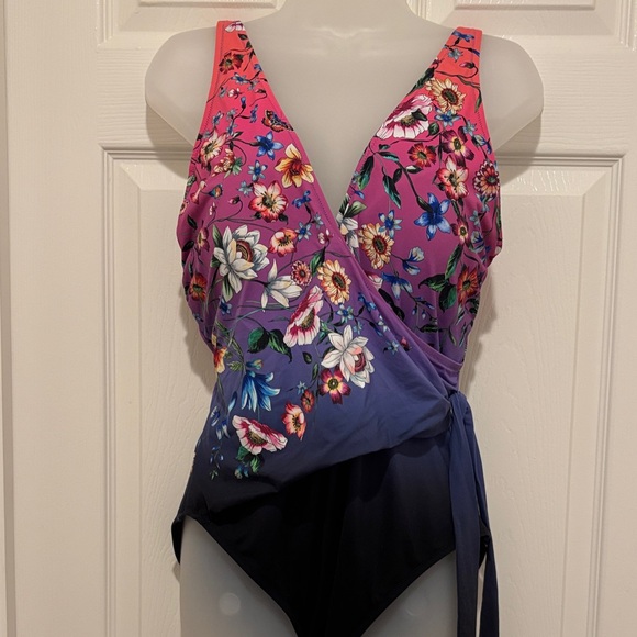 Johnny Was Pink Purple Blue Floral Wrap One-Piece Swimsuit.  New. - Picture 5 of 10